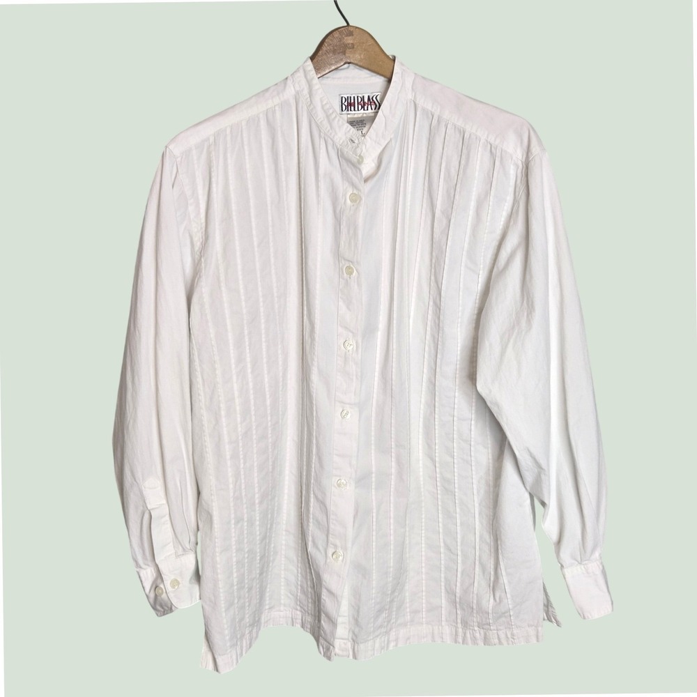 Bill Blass Jeans Womens White Cotton Pintuck Band Collar Button Down Shirt L